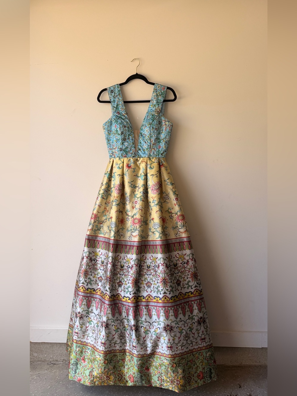 Sherri Hill Blue and Yellow Floral V-Neck Prom Gown